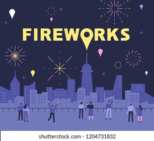 Pessoas admirando os fogos de artifício na visão noturna do fundo da cidade. ilustração gráfica vetorial estilo design plano.