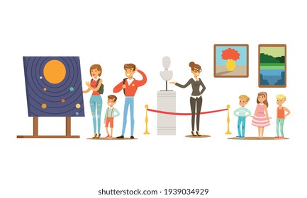 People Admiring Paintings and Sculptures at Exhibition, Visitors Viewing Exhibits at Classic Art Gallery or Museum Cartoon Vector Illustration