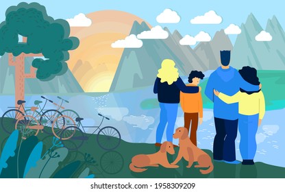 Gente admirando el paisaje. Camping, senderismo, descanso en bicicleta. El paisaje fluvial y montañoso. Familias con niños, perros mascotas juntos o amigos que disfrutan de viajes activos en la naturaleza. Atardecer. vector de esbozo manual.