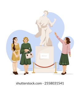 People admiring statue in museum exhibit. Vector illustration