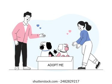 People adopt dogs. Man and woman near cardboard box with puppies. Owners choose domestic animal. Generosity and kindness, charity. Linear vector illustration isolated on white background