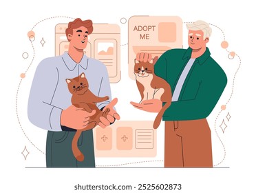 Personas que adoptan cat. Hombres con gatitos en sus brazos. Cuidado de mascotas, animales domésticos. Veterinarios con mamíferos. Adopción animal. Ilustración vectorial plana aislada sobre fondo blanco