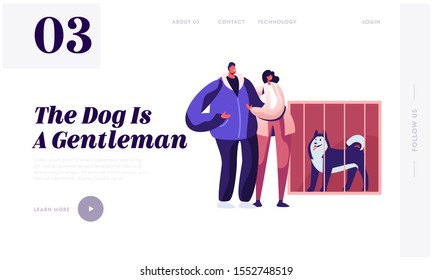 People Adopting Pet from Shelter Website Landing Page. Couple Stand at Cage with Dog in Rehabilitation Adoption Center for Stray and Homeless Animals Web Page Banner. Cartoon Flat Vector Illustration