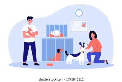 Gente adoptando mascotas del refugio. Voluntarios cuidando gatos y perros en jaulas. Ilustración vectorial para animales sin hogar, adoptar el concepto no comprar