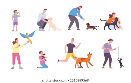 People adoption pets. Volunteer or pet owners friends adopt dog cat bird iguana from zoo animal shelter, kind happy owner kitten puppy canine sitter, splendid vector illustration of animal care