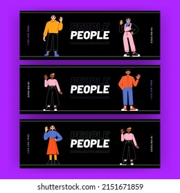 People Ads Banners With Diverse Male And Female Characters Waving Hand. Promo Flyers With Multinational Happy Friendly Young Men And Women Positive Greeting Gesturing Line Art Flat Vector Illustration