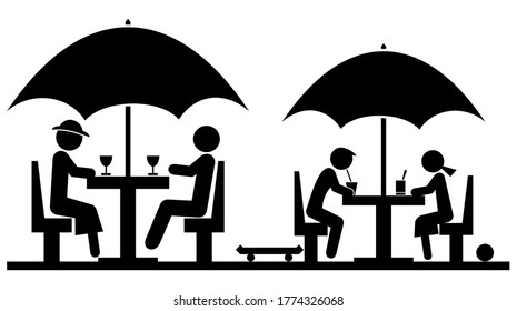 Erwachsene und Babys, die in einem Restaurant unter einem Regenschirm sitzen, schwarze Silhouette, Vektorsymbol