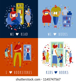 People adults and kids in book store during reading and literature purchase design concept isolated vector illustration