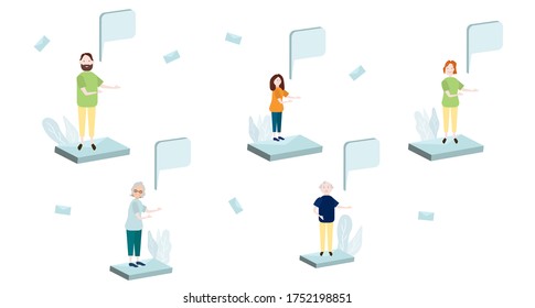 People advertise services. Letters, clouds. Vector illustration.