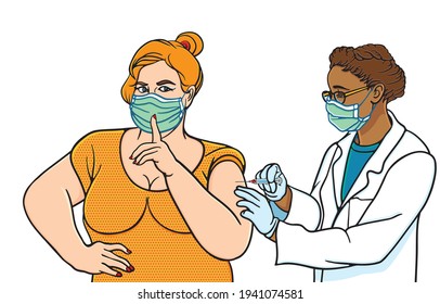Menschen, die sich ein Privileg oder Priorität für den Zugang zu Coronavirus-Impfstoff und Impfung während der Coronavirus-Pandemie Konzept. Illustration, Grafik und Retro-Stil in Vektorgrafik einzeln auf Hintergrund.