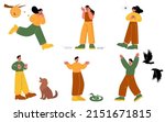 People afraid of spider, dog, mouse, snake, flying birds and bees. Vector flat illustration of zoophobia, animal phobia with scared men and women, in panic, fear