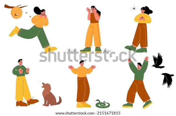 People afraid of spider, dog,\
mouse, snake, flying birds and bees. Vector flat illustration of\
zoophobia, animal phobia with scared men and women, in panic,\
fear