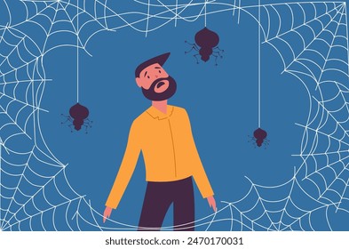 Personas que temen a las arañas concepto de aracnofobia. Ilustración de Diseño gráfico plano de Vector