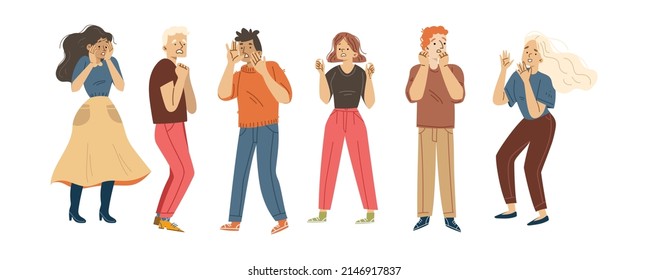 People afraid, terrified, in panic. Men and women characters with scared face expression. Vector flat illustration of group of person in shock, stress, frightened, nervous, and startled
