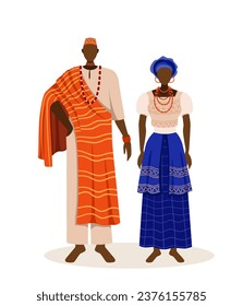 People in african clothes concept. Man and woman in bright apparel elements. Culture, ethnicity and traditions of Africa. Cartoon flat vector illustration isolated on white background