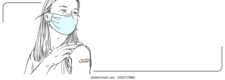 People after vaccination illustration long web banner with copyspace for text, Young female in mask showing bandage on her arm after receiving vaccine shot, Vector sketch, Hand drawn graphic