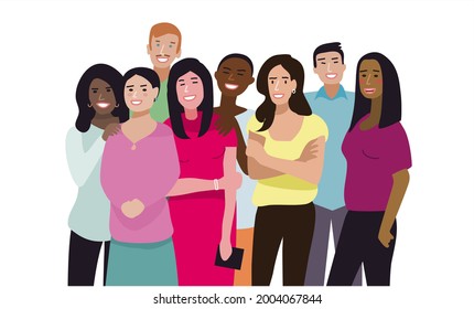 People are against racism. Vector illustration with different skin color. The theme of friendship, love and understanding. Tolerant attitude. All together at work. Happy people together.