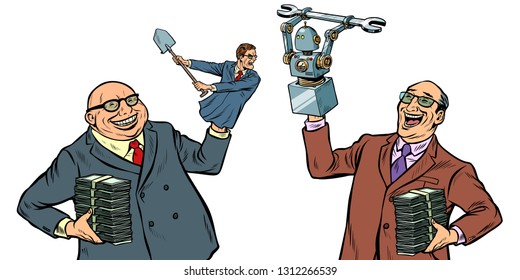 People against robots war for the workplace. Manipulation of politicians isolate on white background. Pop art retro vector illustration kitsch vintage