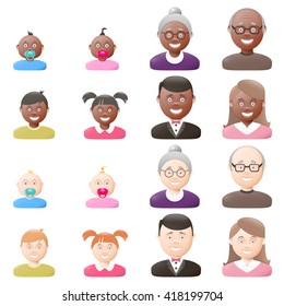 People with age groups, light and dark skin, male and female, vector graphic illustration