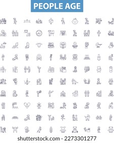 People age line icons, signs set. Aging, Maturation, Maturity, Senescence, Developing, Growing, Advancing, Evolving, Ripening outline vector illustrations.