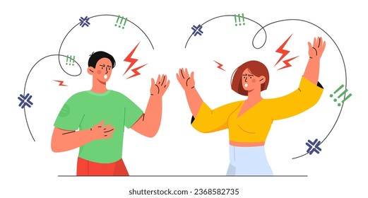 People with aggression abuse concept. Conflict beteween man and woman. Unhappy family and young couple with miscommunication. Mental health and psychology. Cartoon flat vector illustration