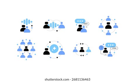 Personas e IA. Humanos y robot comunicándose. Gráficos planos. Conjunto de garabatos. Archivo de Vector.