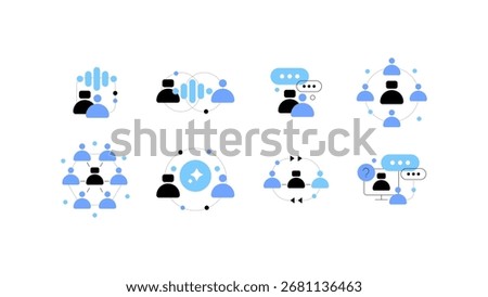 People and AI. Human and robot communicating. Flat graphics. Set of doodles. Vector file.