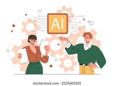 Personas con IA. Hombre y mujer con inteligencia artificial. Tecnologías e innovaciones modernas, aprendizaje automático e invención. Ilustración vectorial plana aislada sobre fondo blanco