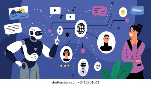 People and ai. Problem joint solution, human and digital mind, artificial intelligence helps in creating content, robot works with woman, cartoon flat isolated garish