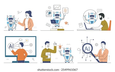 Pessoas com ai definido. Homens e mulheres com robôs realizam tarefas. Aprendizagem de máquina e inteligência artificial. Assistente e auxiliar virtual. Ilustração de vetor linear isolada no plano de fundo branco