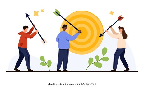 Menschen, die Pfeile auf ein großes Ziel richten, das Teamarbeit, Zielsetzung, Leistung und Motivation symbolisiert, auf weißem, isoliertem Hintergrund für geschäftliche und persönliche Wachstumsvektorgrafik