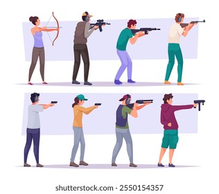 Personas que apuntan. Personajes disparando con diferentes armas tiradores de Vector exacto en estilo de dibujos animados