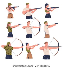 People aiming at target with different weapons set. Women and men training in tactical shooting with bow, gun and rifle cartoon vector illustration