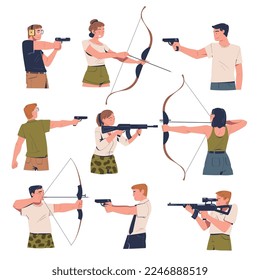 Personas apuntando a objetivos con diferentes armas puestas. Capacitación de mujeres y hombres en la fotografía táctica de dibujos animados ilustraciones vectoriales