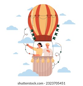 People at air balloon concept. Man and woman fly and travel, romantic date. Employees looking for candidates, employees looking for job. Trip and adventure. Cartoon flat vector illustration