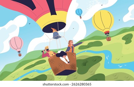People air balloon flight. Happy man woman flying in basket with binocular telescope pointing on mountain sky, turkey cappadocia travel tourist adventure classy vector illustration original artwork