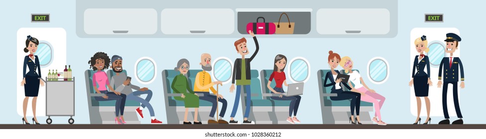 People in airplane cabin sitting and flying.