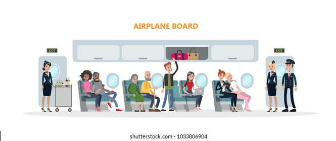 People in airplane cabin sitting and flying on white.