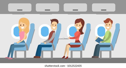 People in airplane sitting. Cabin with windows and luggage.