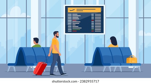 People in airport arrival waiting room or departure lounge with chairs and information panels. Terminal hall with big airport window. Vector illustration