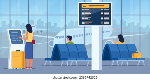 People in airport arrival waiting room or departure lounge with chairs and information panel. Woman self check in at automatic machine or buying ticket using interactive terminal. Vector illustration