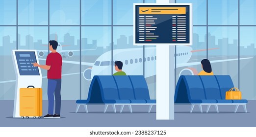 People in airport arrival waiting room or departure lounge with chairs and information panel. Man self check in at automatic machine or buying ticket using interactive terminal. Vector illustration