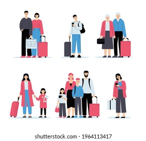 People at the airport with baggage. Check-in queue, family travel, business travel. Vector illustration in flat style isolated on white background