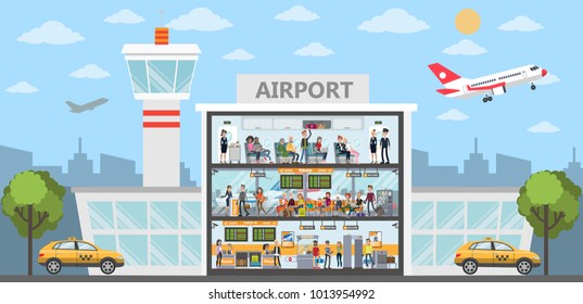 People at the airport building. City exterior with airplanes and terminal.