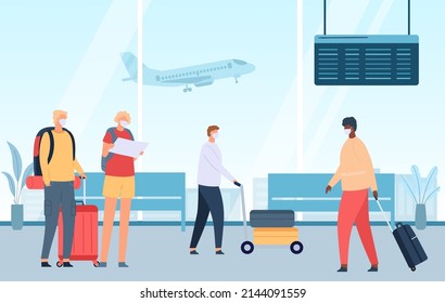 People at airport. Cartoon passengers with luggage waiting for departure in lounge with chairs. Couple with suitcase in terminal hall. Flying airplane in big window vector illustration