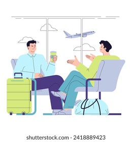 Gente en el aeropuerto. Personajes con una maleta en el salón del aeropuerto. Dos pasajeros esperando un vuelo con una taza de café. Una cómoda espera antes del vuelo. Ilustración vectorial plana.