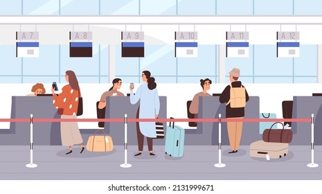 Personas en los mostradores de facturación del aeropuerto. Pasajeros en los mostradores de terminal durante el registro para el vuelo. Personal de la aerolínea revisando billetes, pasaportes, tarjetas de embarque y equipaje. Ilustración vectorial plana