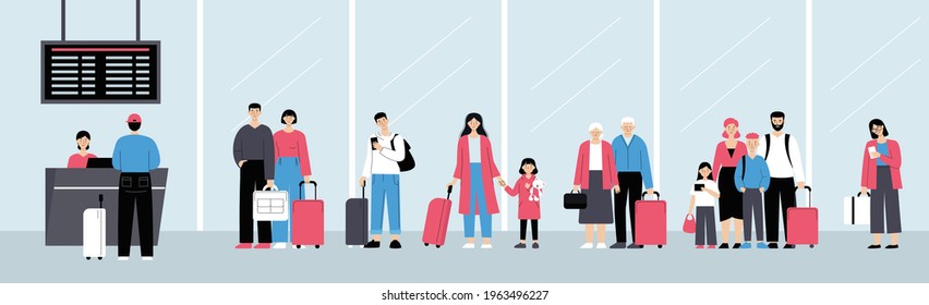 Gente en el aeropuerto. Cola de facturación, viaje familiar, viaje de negocios. Ilustración vectorial en estilo plano