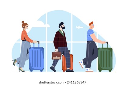 People in airport concept. Men and woman with luggage and suitcases. Travelers waiting for flight. International holiday and tourism. Tourists wait for plane. Cartoon flat vector illustration