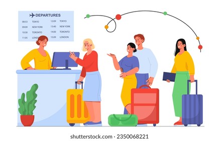 People at airport concept. Men and women with luggages in line. Tourists and travelers waiting for flight. Departure of arrivals. Holiday and vacation. Cartoon flat vector illustration